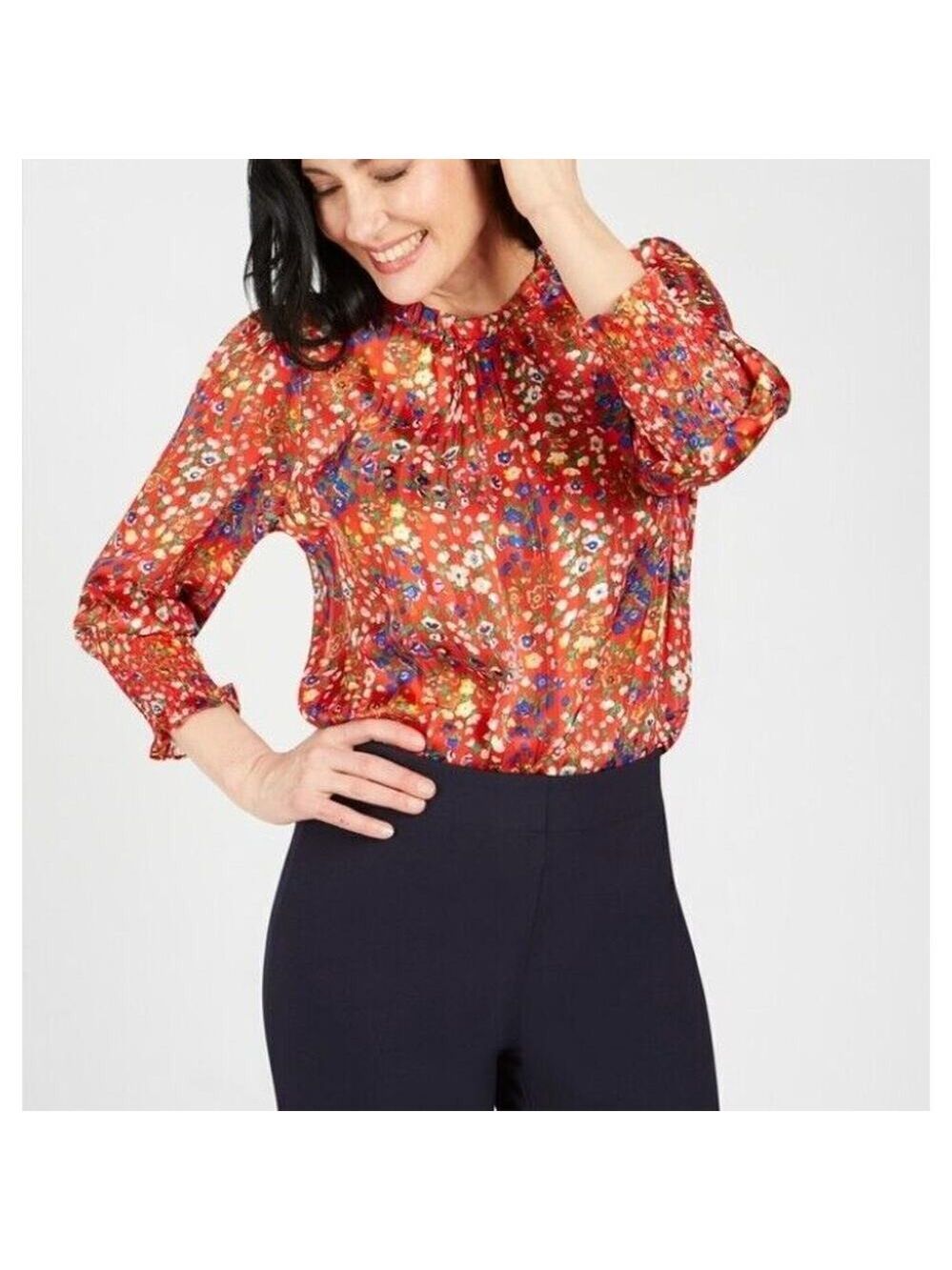 Rachel Zoe Red Floral High Neck Smock Sleeve Blouse Multicolor Red Size Medium